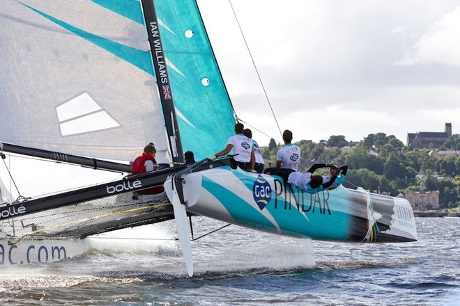 England cricketer Michael Vaughan sailing onboard the GAC Pindar catamaran close to the shore today © Lloyd Images http://lloydimagesgallery.photoshelter.com/