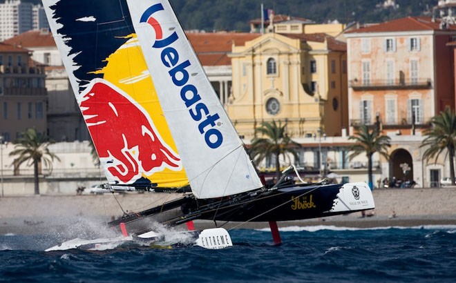 The Extreme Sailing Series 2012. Act7 Nice. France - Red Bull Sailing Team, skippered by Roman Hagara (AUT), with tactician Hans Peter Steinacher (AUT), mainsail trimmer Matt Adams (GBR), headsail trimmer Pierre Le Clainche (FRA) and bowman Graeme Spence (AUS). © Lloyd Images http://lloydimagesgallery.photoshelter.com/