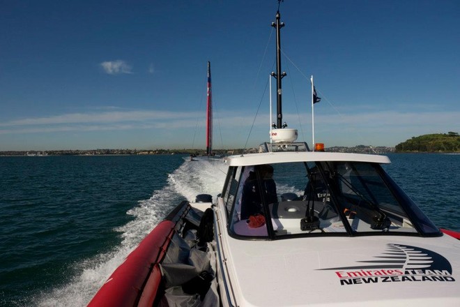Emirates Team NZ AC72 under tow in Auckland, on her fourth sailing day © Chris Cameron/ETNZ http://www.chriscameron.co.nz