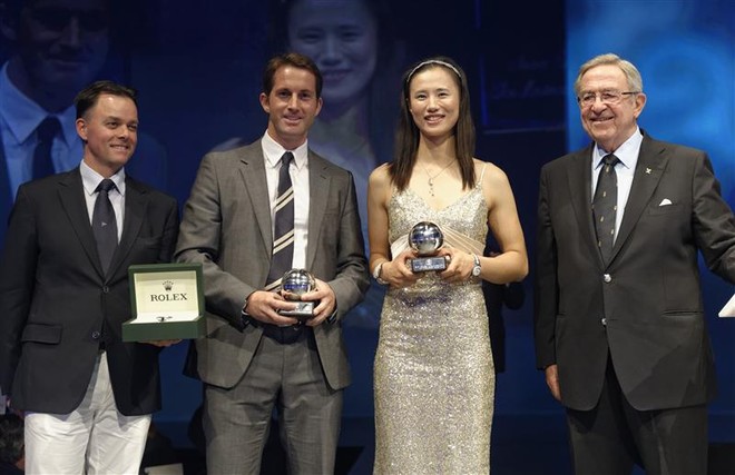 JOEL AESCHLIMANN, ROLEX SA, BEN AINSLIE (GBR), MALE WINNER, LIJIA XU (CHN), FEMALE WINNER AND HM KING CONSTANTINE OF GREECE - ISAF Rolex World Sailor of the Year Awards 2012 ©  Rolex/ Kurt Arrigo http://www.regattanews.com