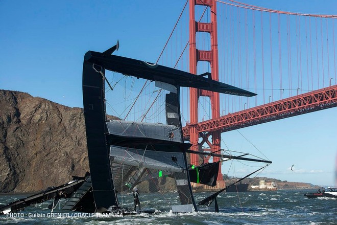 Oracle Team USA’s AC72 is carried under Golden Gate Bridge after capsizing © Guilain Grenier Oracle Team USA http://www.oracleteamusamedia.com/