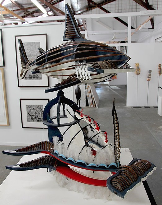 Ken Thaiday Snr Hammerhead headdress is on display at the Canopy Artspace. ©  John Curnow