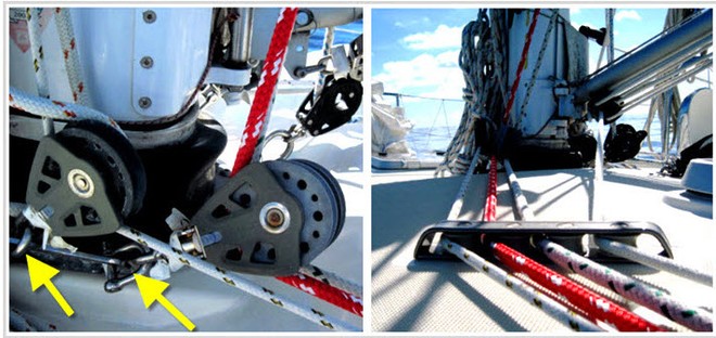 Photos show the exit block detail on the port side of the mast. Note how the exit blocks are shackled to a plate at the mast base (yellow arrows). The deck-mounted line organizer blocks (right photo) redirect each control line aft to the cockpit. Match line diameter to each block and keep line leads straight. This helps prevent excess friction, chafe, and loading on lines and sailing gear. © John Jamieson