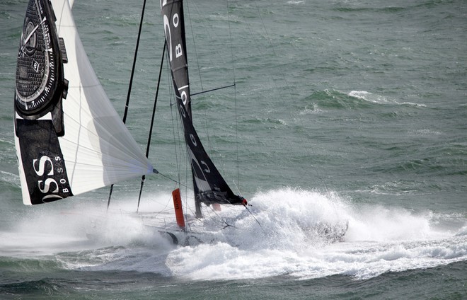 Aerial photo-shoot of the IMOCA Open 60 Alex Thomson Racing Hugo Boss during a training session before the Vendee Globe in the English Channel. © Christophe Launay