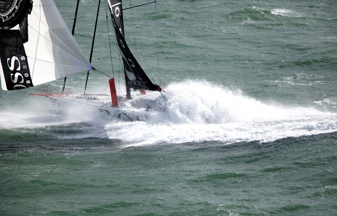 Aerial photo-shoot of the IMOCA Open 60 Alex Thomson Racing Hugo Boss during a training session before the Vendee Globe in the English Channel. © Christophe Launay