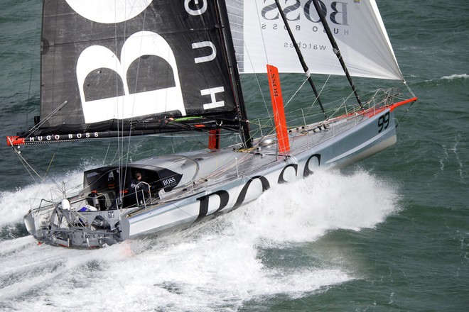 Aerial photo-shoot of the IMOCA Open 60 Alex Thomson Racing Hugo Boss during a training session before the Vendee Globe in the English Channel. © Christophe Launay