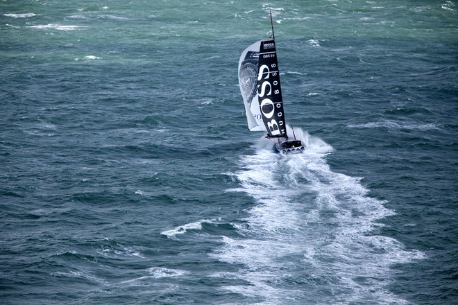 Aerial photo-shoot of the IMOCA Open 60 Alex Thomson Racing Hugo Boss during a training session before the Vendee Globe in the English Channel. © Christophe Launay