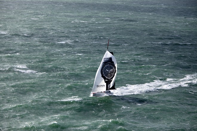 Aerial photo-shoot of the IMOCA Open 60 Alex Thomson Racing Hugo Boss during a training session before the Vendee Globe in the English Channel. © Christophe Launay