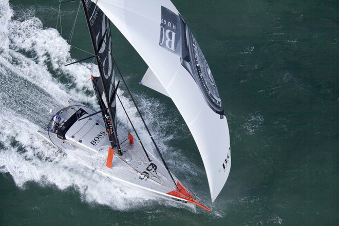 Aerial photo-shoot of the IMOCA Open 60 Alex Thomson Racing Hugo Boss during a training session before the Vendee Globe in the English Channel. © Christophe Launay