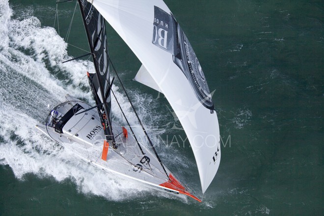 Aerial photo-shoot of the IMOCA Open 60 Alex Thomson Racing Hugo Boss during a training session before the Vendée Globe in the English Channel. © Christophe Launay
