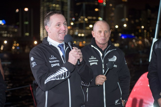 NZ prime minister John Key speaks at the naming ceremony for Emirates Team New Zealand first AC72.  © Chris Cameron/ETNZ http://www.chriscameron.co.nz