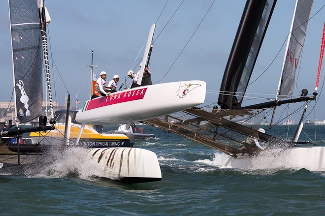 Luna Rossa Swordfish astern of Team Korea at the top mark in the second fleet race on day three of the  America’s Cup World Series, San Francisco. Team Korea and Luna Rossa were the stand out teams in terms of improvement. © Chris Cameron/ETNZ http://www.chriscameron.co.nz