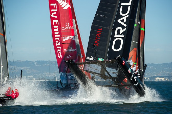 Oracle Team USA digs the bows in and capsizes at the first mark in the first fleet race of day four of the America’s Cup World Series, San Francisco.  ©  SW