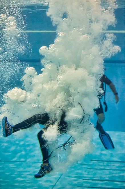 Emirates Team New Zealand AC72 sailors practice safety procedures in the Henderson West Wave dive pool. 7/11/2012 © Chris Cameron/ETNZ http://www.chriscameron.co.nz