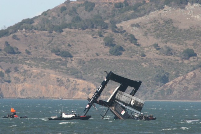 Oracle Team USA capsized in San Francisco Image: Chris Ray © Americas Cup Media www.americascup.com