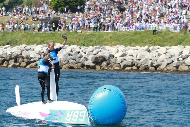 Olympic Games Sailing at Weymouth, Dorset August 2012. The Women’s 470 medal race on the Nothe course. Hannah Mills and Saskia Clarke win silver for Great Britain. © Ingrid Abery http://www.ingridabery.com