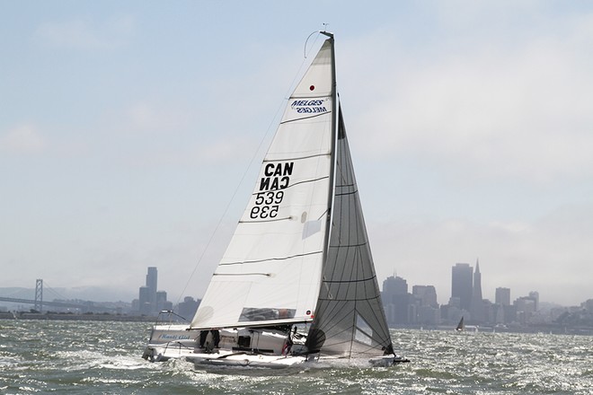 Nauti Girl against the San Francisco sky line.  Day 2 at the 2012 Melges 24 North American Championship hosted by San Francisco Yacht Club, CA, USA, from 22-26 August 2012. © Fiona Brown http://www.fionabrown.com