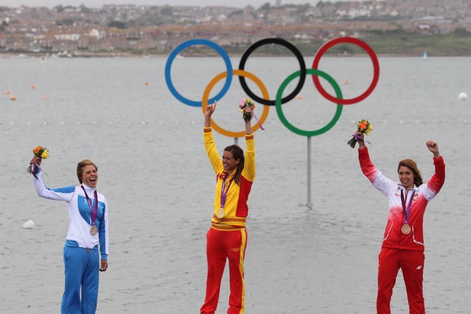 Women’s RS:X Podium - Tuuli Petaja (FIN), Marina Alabau (ESP) and Zofia Klepacka (POL) London 2012 Olympics © Ingrid Abery http://www.ingridabery.com