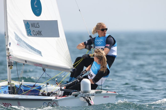 Olympic Games Sailing at Weymouth, Dorset August 2012. The Women’s 470 medal race on the Nothe course. Hannah Mills and Saskia Clarke win silver for Great Britain. © Ingrid Abery http://www.ingridabery.com