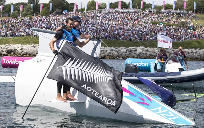 London 2012 - Olympic Games - Day 11 NZ crew perform for the gallery 49er Medal Race &copy; Carlo Borlenghi/FIV - copyright