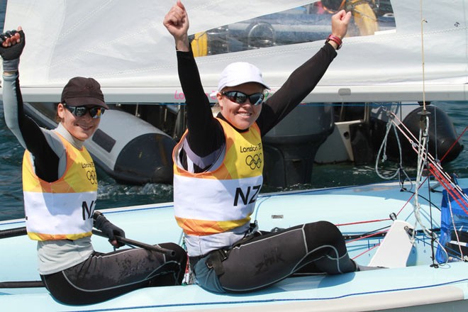 Olympic Games Sailing at Weymouth, Dorset August 2012. The Women’s 470 medal race on the Nothe course. Jo Aleh and Olivia Powrie win gold for New Zealand. © Ingrid Abery http://www.ingridabery.com