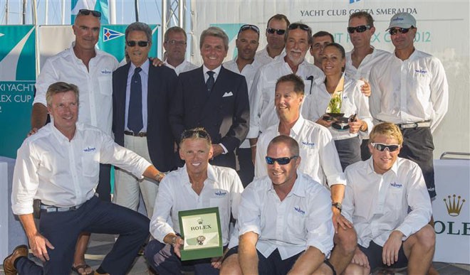The crew members of Nilaya receive a Rolex timepiece for winning in the Super Maxi Class. From left: Riccardo Bonadeo, YCCS Commodore, Gian Riccardo Marini, General Director of Rolex SA with NILAYA team - 2012 Maxi Yacht Rolex Cup ©  Rolex / Carlo Borlenghi http://www.carloborlenghi.net