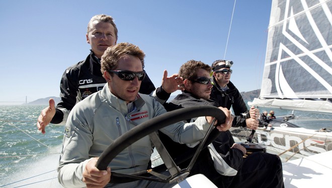 Onboard L’Hydroptère DCNS, Alain Thébault and his crew sailing (with Peter Stoneberg, Warren Fitzgerald, Paul Campbell-James, Jacques Vincent and Paul Cayard) in San Francisco, Calirfonia, USA. © Christophe Launay