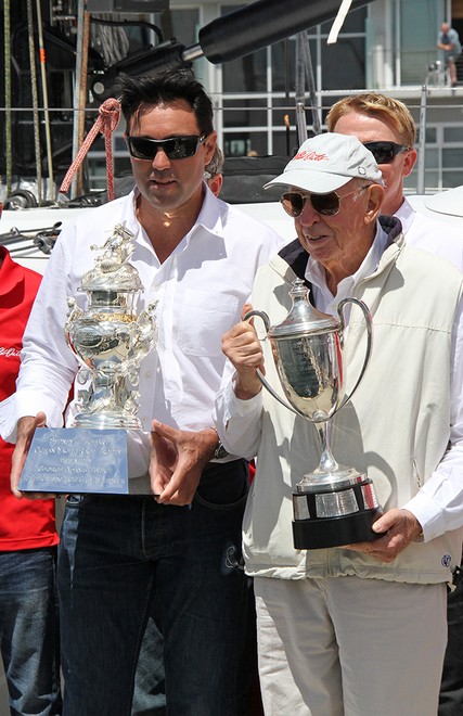 Mark Richards with the George Adams Tattersall’s Cup for Overall Handicap winner and Bob Oatley with the JH Illingworth Trophy for  Line Honours winner - Rolex Sydney Hobart Race 2012 © Dale Lorimer