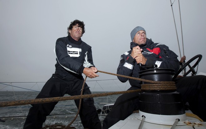 Onboard L’Hydroptère DCNS, Alain Thébault and his crew (Jacques Vincent, Yves Parlier, Jean Le Cam, Robert Douglas) sailing in San Francisco, California, USA. © Christophe Launay