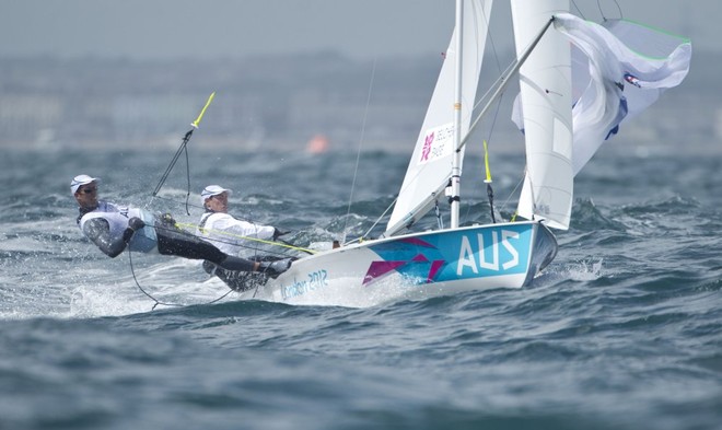 Mathew Belcher and Malcolm Page (AUS) competing today, 03.08.12, in the Men’s Two Person Dinghy (470) event in The London 2012 Olympic Sailing Competition. &copy; onEdition http://www.onEdition.com