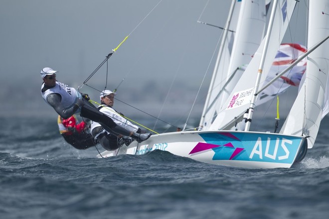 Mathew Belcher and Malcolm Page (AUS) competing today, 03.08.12, in the Men’s Two Person Dinghy (470) event in The London 2012 Olympic Sailing Competition. &copy; onEdition http://www.onEdition.com
