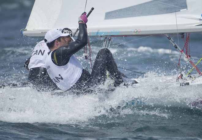 Luke Ramsay and Mike Leigh (CAN) competing today, 03.08.12, in the Men&rsquo;s Two Person Dinghy (470) event in The London 2012 Olympic Sailing Competition. &copy; onEdition http://www.onEdition.com