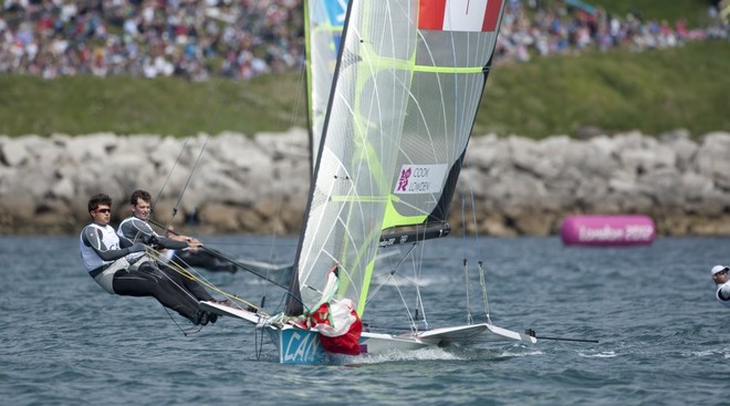 Gordon Cook and Hunter Lowden (CAN) competing in the Men’s Skiff (49er) event in The London 2012 Olympic Sailing Competition. © onEdition http://www.onEdition.com