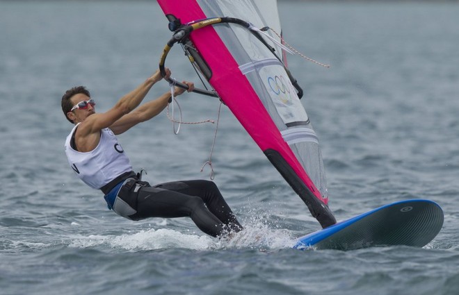 Zachary Plavsic (CAN) competing today, 01.08.12, in the Men’s Windsurfer (RSX) event in The London 2012 Olympic Sailing Competition. © onEdition http://www.onEdition.com