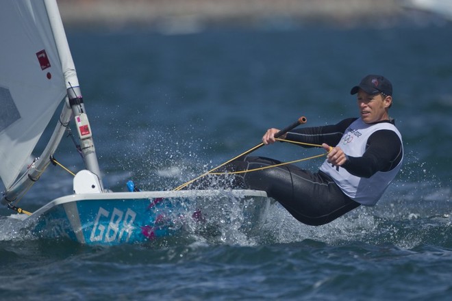 Paul Goodison (GBR) competing today, 03.08.12, in the Men’s One Person Dinghy (Laser) event in The London 2012 Olympic Sailing Competition. &copy; onEdition http://www.onEdition.com