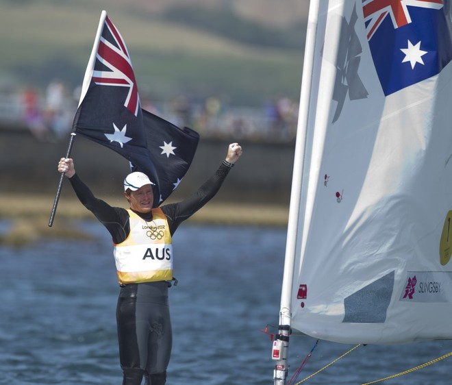 Tom Slingsby (AUS) who won the Gold Medal today, 06.08.12, in the Medal Race Men’s One Person Dinghy (Laser) event in The London 2012 Olympic Sailing Competition. © onEdition http://www.onEdition.com