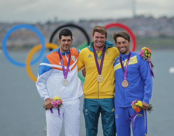 20120806 Copyright onEdition 2012©<br />
Free for editorial use image, please credit: onEdition<br />
<br />
Tom Slingsby (AUS) who won the Gold Medal, Pavlos Kontides (CYP) who won the Silver Medal, and Rasmus Myrgen (SWE) who won the Bronze Medal today, 06.08.12, in the Men's One Person Dinghy (Laser) event in The London 2012 Olympic Sailing Competition.<br />
<br />
The London 2012 Olympic Sailing Competition runs from 29 July to 12 August and brings together 380 of the world's best sailors to race on Weymouth Bay.<br />
Sailin © onEdition http://www.onEdition.com