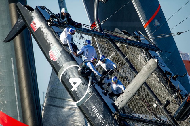 Oracle Team USA (USA) Skipper and Helmsman James Spithill flips his boat around the first turning mark  during Day 4 of the America’s Cup World Series on 06 October, 2012, in San Francisco, USA<br />
(Photo by Paul Todd / Gallo Images/Getty Images) © Paul Todd/Outside Images http://www.outsideimages.com