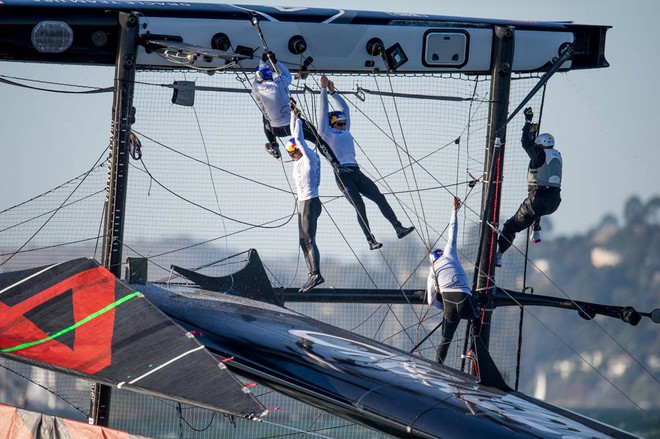 Oracle Team USA (USA) Skipper and Helmsman James Spithill flips his boat around the first turning mark  during Day 4 of the America’s Cup World Series on 06 October, 2012, in San Francisco, USA &copy; Paul Todd/Outside Images http://www.outsideimages.com
