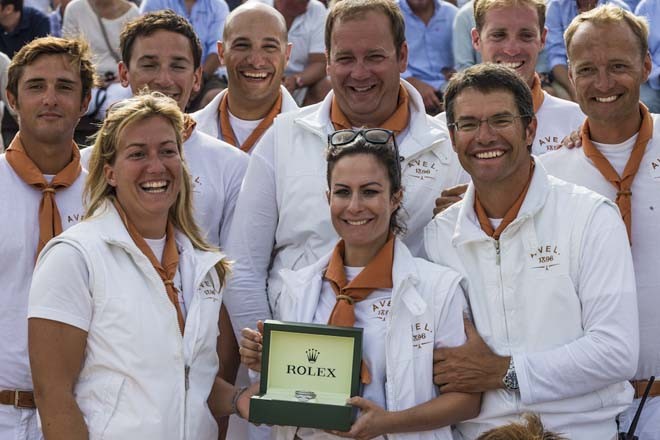 Prizegiving Ceremony at La Citadelle.<br />
Philippe Schaeffer, Director of Rolex France, awards a Rolex Timepiece to Allegra and Alessandra Gucci, owner of AVEL ©  Rolex / Carlo Borlenghi http://www.carloborlenghi.net