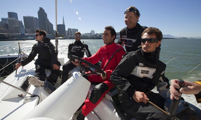 Onboard L’Hydroptère DCNS, Alain Thébault and his crew sailing (with Salar Kamangar head of YouTube in red) in San Francisco, Calirfonia, USA. © Christophe Launay