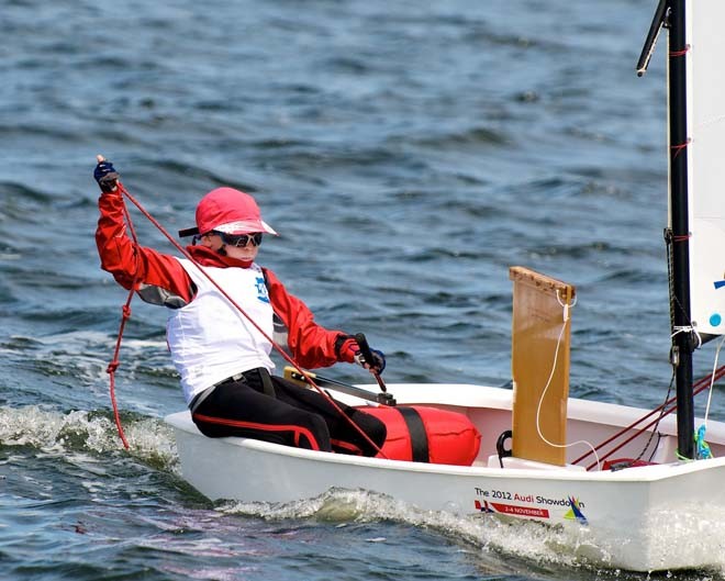 All hands on deck on an Optimist during the 2012 Audi Showdown regatta. © Dane Lojek