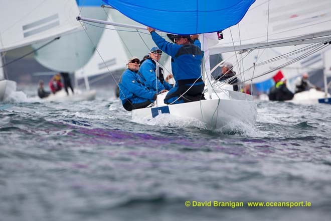 Tuesday 11th September 2012 - Kinsale, Co. Cork:  Overall leader Tommy Mueller with Vincent Hoesch and Michael Lipp on-board Sinewave during the third day of racing in the Brewin Dolphin Dragon Gold Cup at Kinsale Yacht Club.<br />
<br />
 © David Branigan - Oceansport.ie