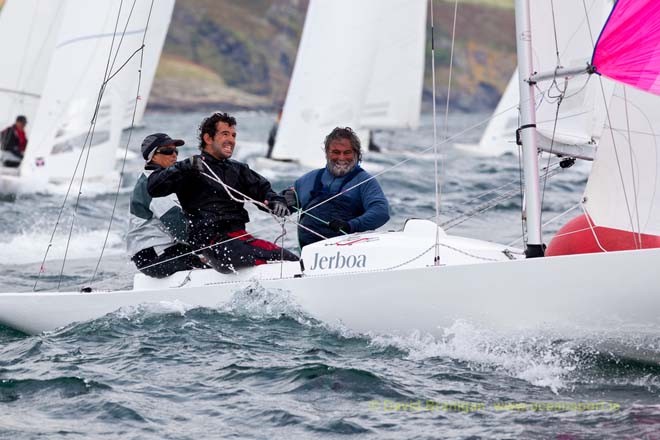 Wednesday 12th September 2012 - Kinsale, Co. Cork: Britain’s  Gavia Wilkinson-Cox with Martin Payne and Rui Boia on the fourth day of racing in the Brewin Dolphin Dragon Gold Cup at Kinsale Yacht Club. © David Branigan - Oceansport.ie