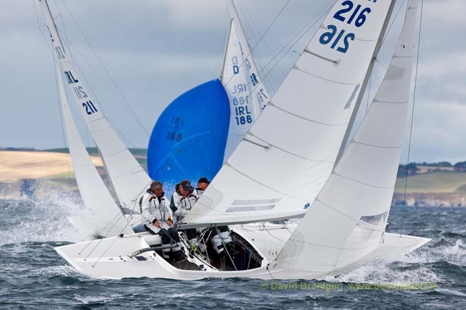 Wednesday 12th September 2012 - Kinsale, Co. Cork:  Ireland’s Andrew Craig with Brian Mathews and Mark Pettitt on the fourth day of racing in the Brewin Dolphin Dragon Gold Cup at Kinsale Yacht Club. © David Branigan - Oceansport.ie