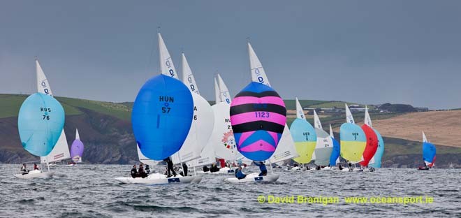 Tuesday 11th September 2012 - Kinsale, Co. Cork: Dragons from 16 nations sailed on flat seas off the Old Head of Kinsale on the third day of racing in the Brewin Dolphin Dragon Gold Cup at Kinsale Yacht Club.<br />
<br />
 © David Branigan - Oceansport.ie