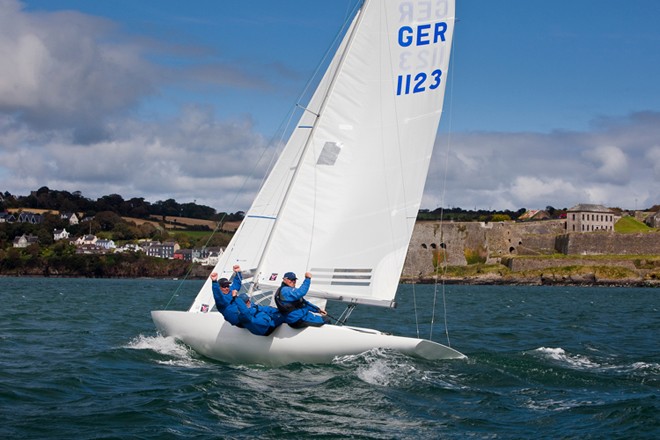 Friday 14th September 2012 - Kinsale, Co. Cork:  Germany’s Tommy Mueller (right) with Vincent Hoesch and Michael Lipp, winners of the Brewin Dolphin Dragon Gold Cup at Kinsale Yacht Club.<br />
<br />
<br />
 © David Branigan - Oceansport.ie