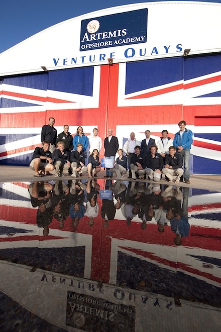 British Vendée Globe skippers Mike Golding, Richard Tolkien, Conrad Humphreys, Brian Thompson,Dee Caffari, Steve White and Jonny Malbon with the 2012 Artemis Offshore Academy squad © Lloyd Images http://lloydimagesgallery.photoshelter.com/