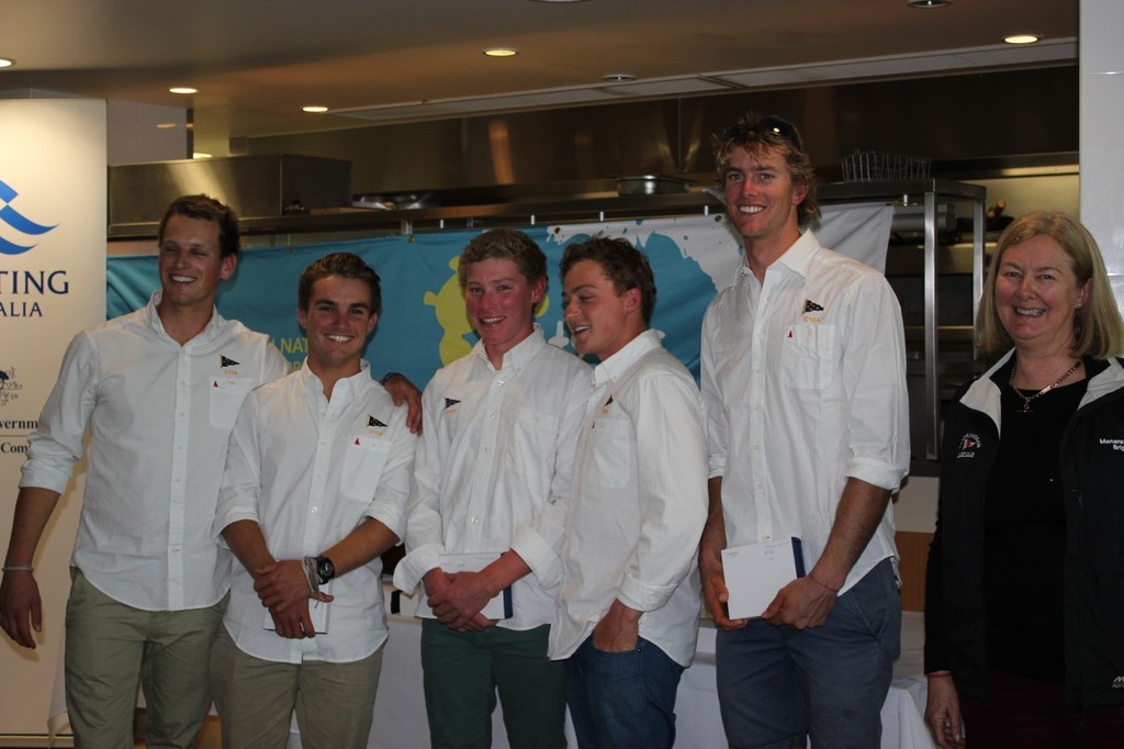 1st AMRC Ash Rooklyn, Jack Hubbard, Murray Jones, Byron White, Will Ryan & SYC Vice Commodore Kate Mitchell - Australian Open and Australian Women's Match Racing Championships © Pam Scrivenor CYCA Staff