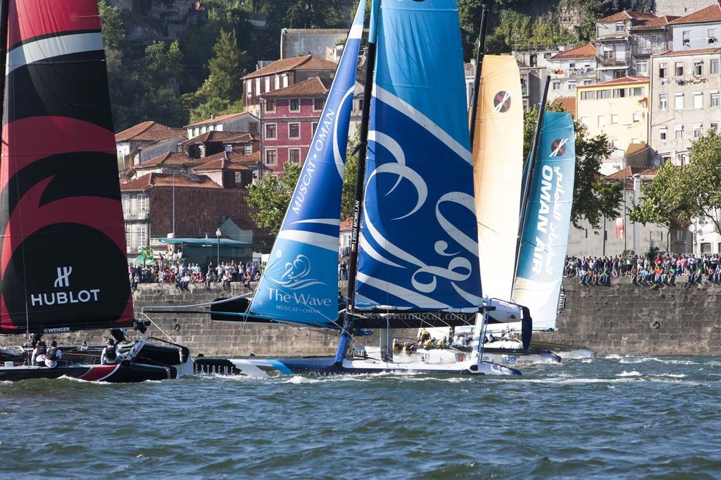 Act 4, Porto: Images on the final day of racing, showing The Wave Muscat, skippered by Leigh McMillan (GBR), with tactician Ed Smyth (NZL), mainsail trimmer Pete Greenlagh (GBR), headsail trimmer Bleddyn Mon (GBR) and bowman Hashim Al Rashdi (OMA). © Roy Riley / Lloyd Images http://lloydimagesgallery.photoshelter.com/